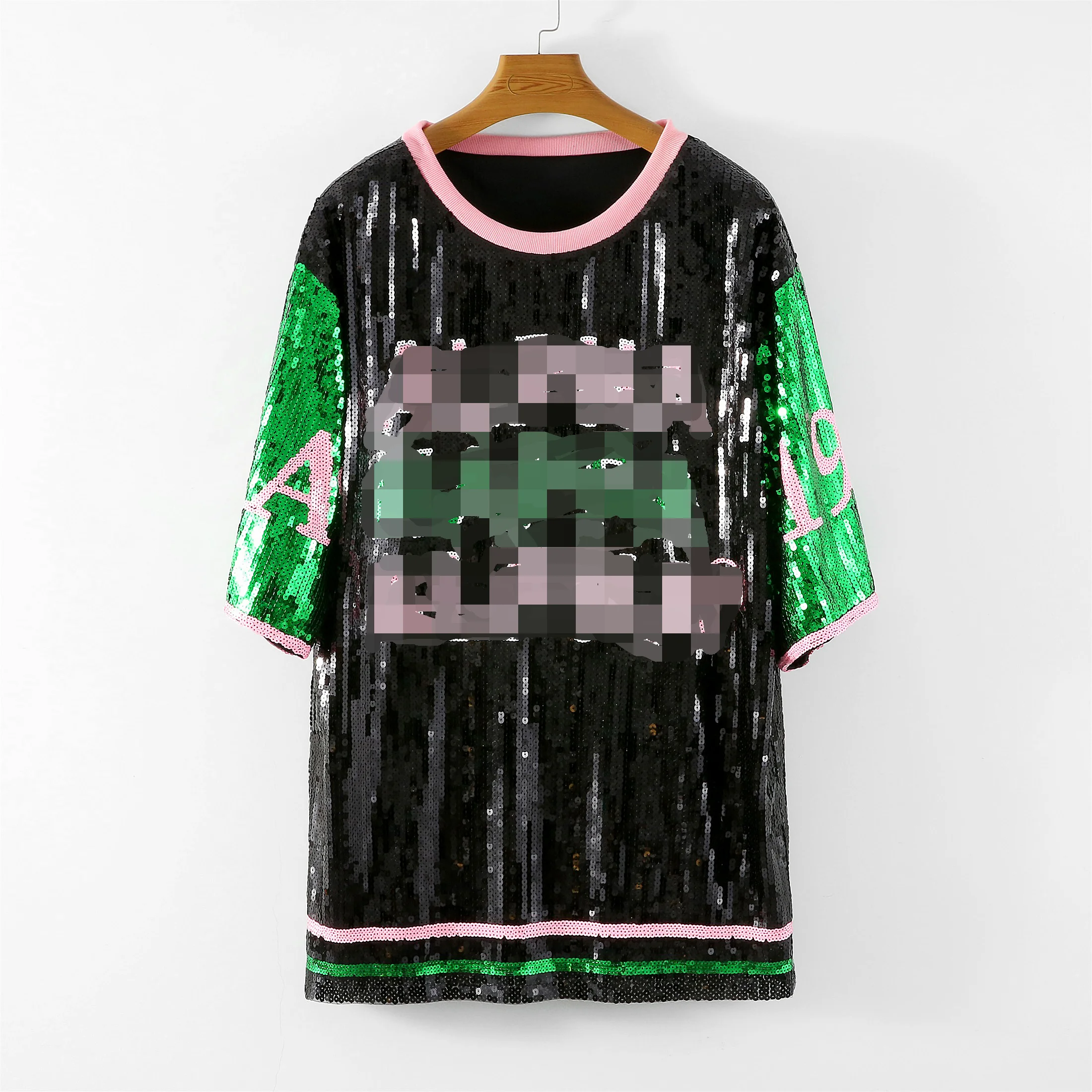 Custom Sorority Sequins Long Shirt Sequin Dress Custom Bling Women Shirt  Green and Pink Sequined Dresses Wholesale Clothing