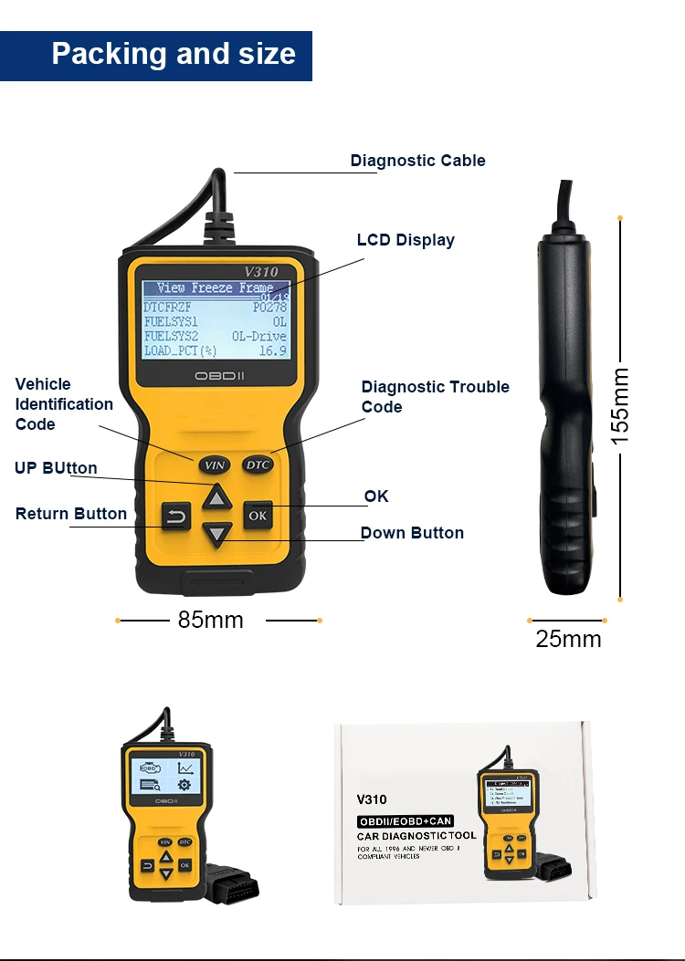 V310B Portable Code Reader ELM327 OBD Ii Car Diagnostic Tools Automotive Scanner Vehicle Tools Handheld Car Scanner