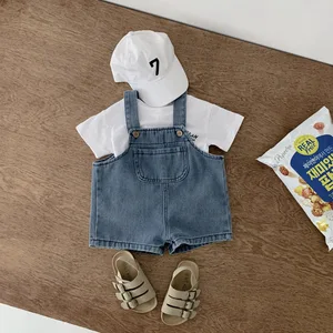 Baby's Korean-style Denim Strap Shorts and White T-shirt Two-piece Set 2026 New Children's Boys and Girls Summer Thin