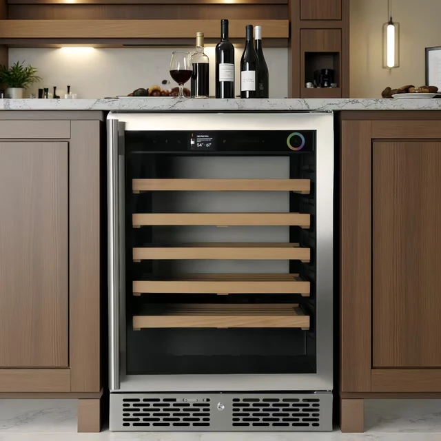 24-Inch Wide 41 Bottle Stainless Steel Single Zone Undercounter Built-in Wine Display Cabinet with Variable LED Back Wall Light