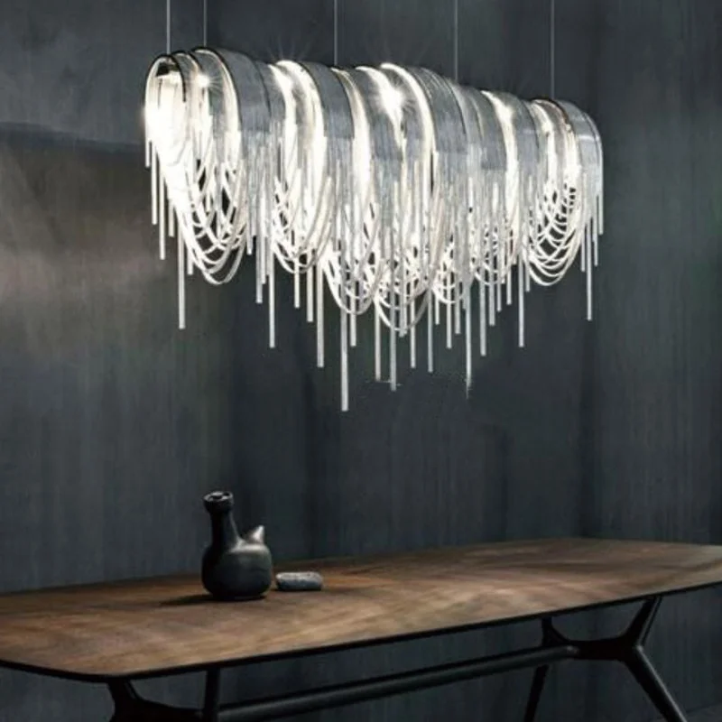 Italienischer Designer-Kronleuchter aus Edelstahl und Aluminium, rechteckig, für Esszimmer, Flur, Inselküche, Bar, Villa – individuelle Quasten-Kunstlampe