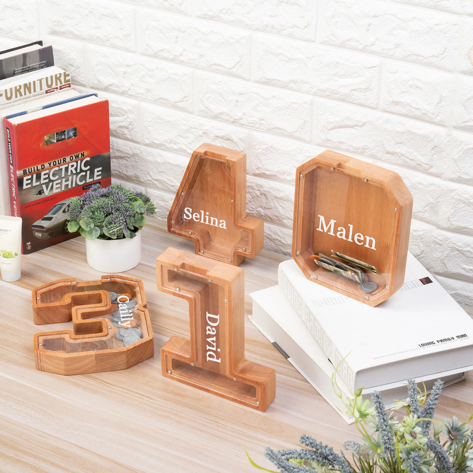 Цифровые деревянные копилки на заказ для детей, подарки с гравировкой имени на акриловых коробочках для денег