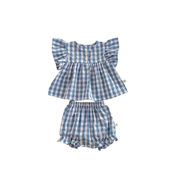 Baby girl clothing sets summer baby new style organic cotton thin plaid flying sleeveless stylish baby girl suits
