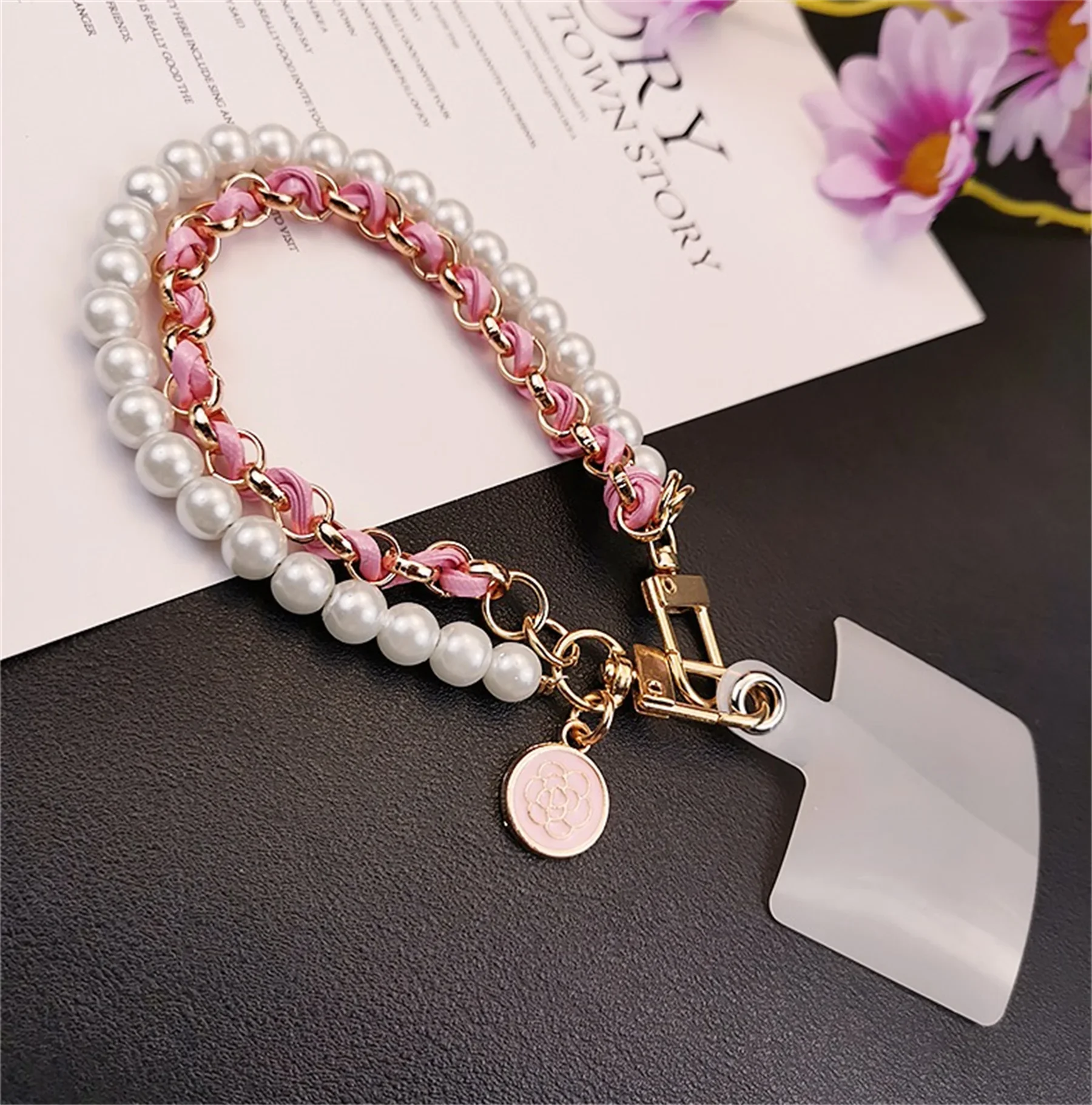 Korean Mobile Phone Leather Pearl Camellia Bracelet Chain For Iphone 14 ...