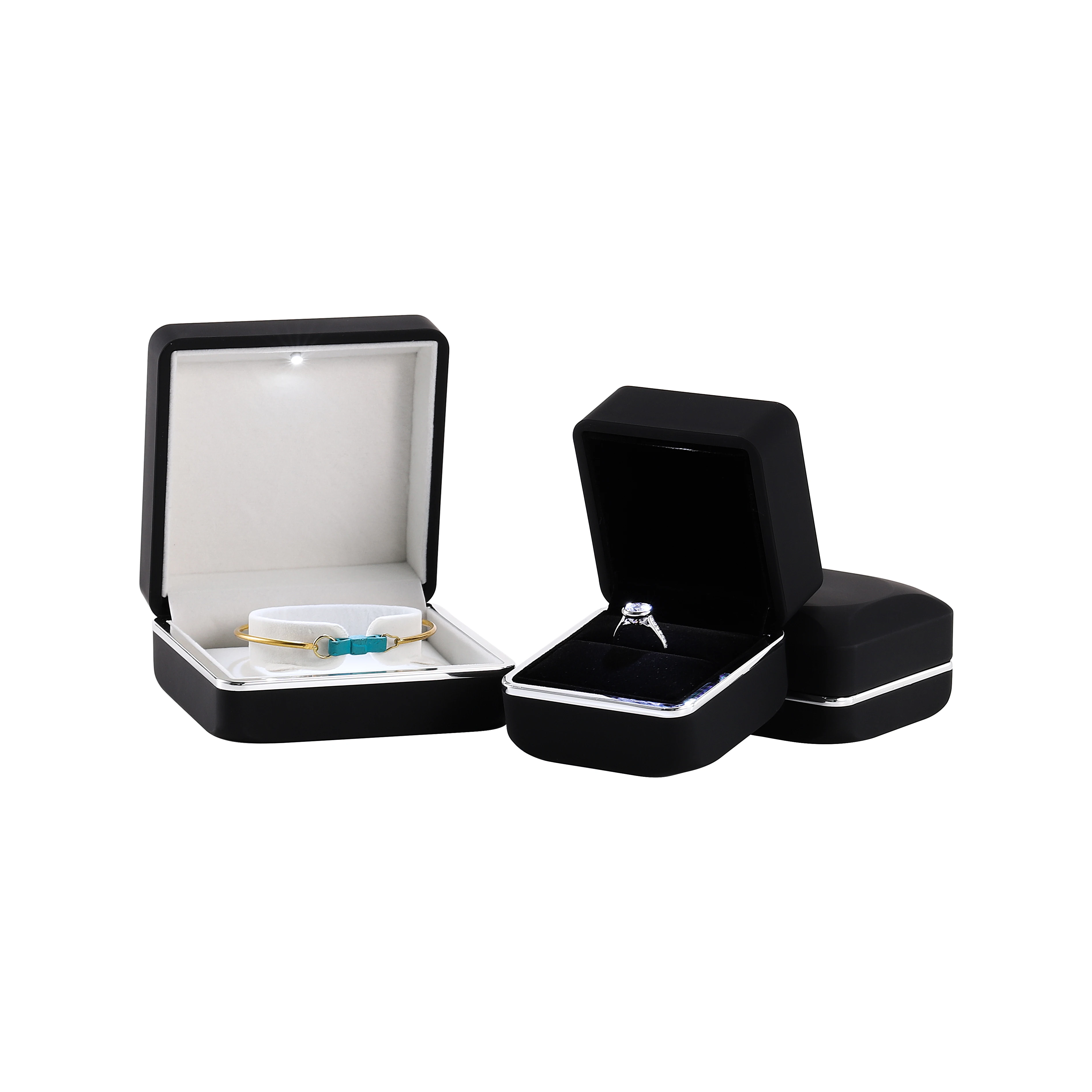Top quality promotional customized plastic velvet painted engagement ring and bracelet jewelry packaging boxes with LED light