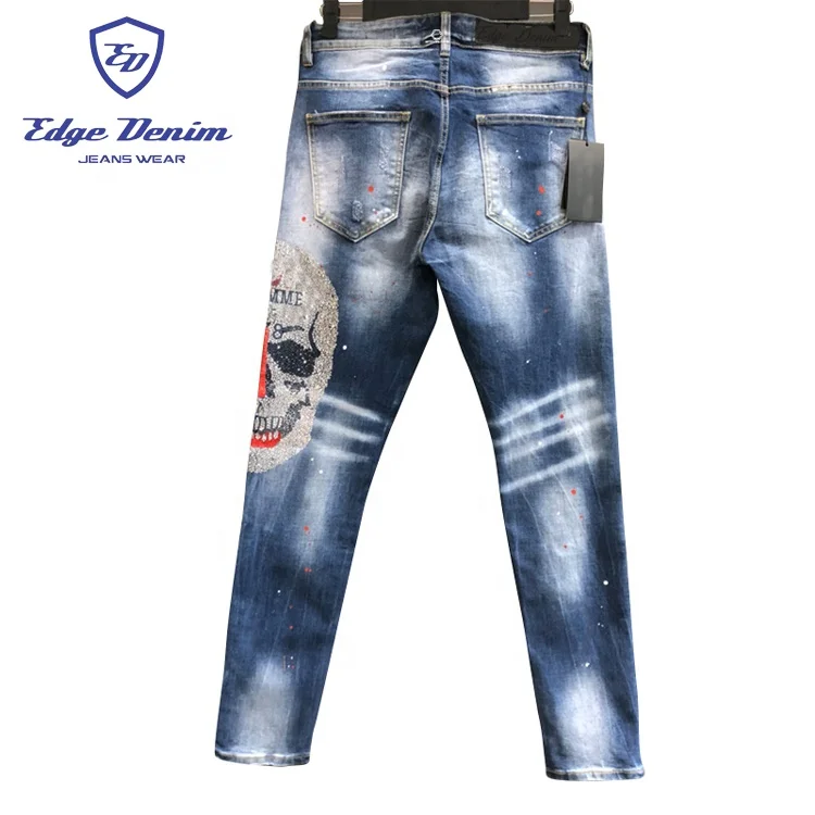 Source Edge Denim OEM White & Blue Iron Diamond Printed Slim Fit Stretch  Pants Men Skinny Denim Jeans on m.