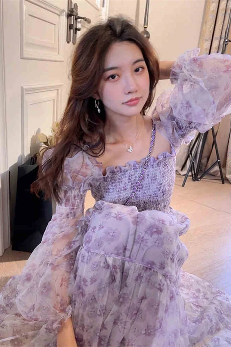Women Purple Print Chiffon Puff Sleeve V-Neck Midi Dress Summer Elegant  Casual Beach Dress 2023 Korean Long One-piece Dress Gown