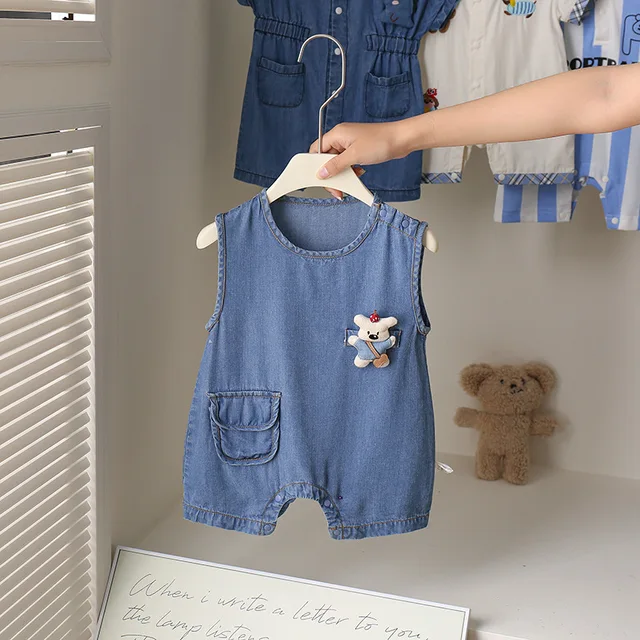 Unisex Cute Summer Sleeveless Denim Romper Adjustable Snaps Button Closure for Newborn Toddler Boys and Girls Outdoor Play