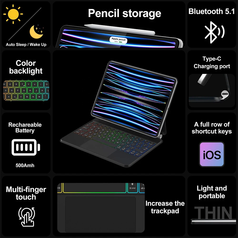 product for laudtec 109 inch pbk318 magic leather keyboard case for ipad 10th generation magnetic tablet cover touchpad trackpad rubber-5