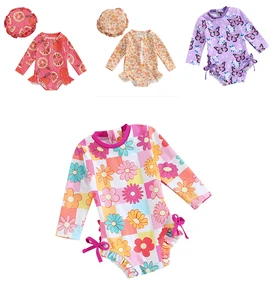 Long-Sleeved One-Piece Swimsuit for Children Aged 3-12 Fashion Flower Butterfly Kids Baby Girls Swimsuit With Zippers