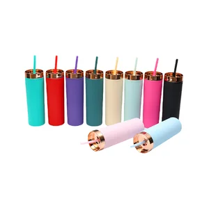 D60 Plastic Cups with Lids and Straws Frosted Double Plastic Cup Simple Portable Plated 16oz Straight Cup