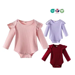 Wholesale Baby Clothing Toddler Rompers with Ruffled Ribbed Spandex Cotton Casual Plain Baby Outfit for Spring ODM Supply