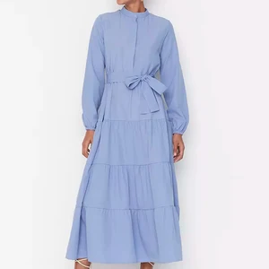 Lady Autumn Style Long Sleeve Tiered Hem Maxi Dress With Solid High Neck Belted Casual Wear Women's Dresses