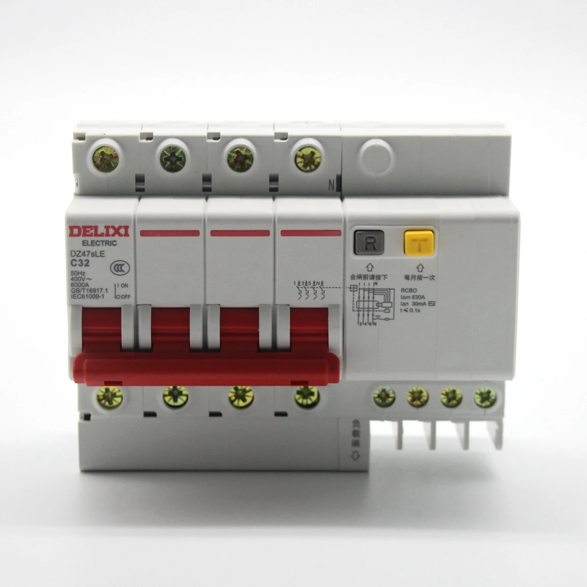 DELIXI DZ47SLE Circuit Breaker 4 Pole 63A MCB Earth Leakage