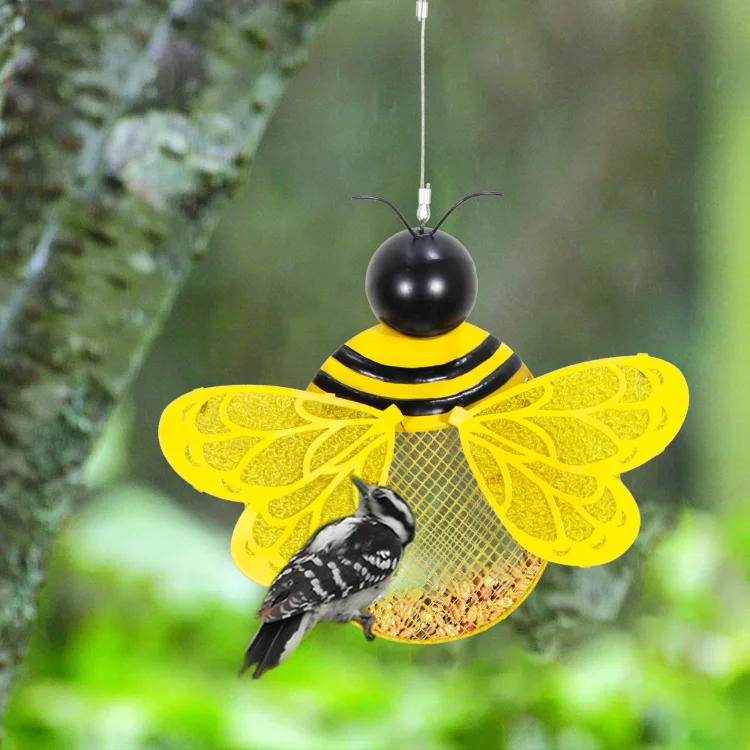 Bee Shaped Large Capacity Metal Hanging Pet Bird Feeder For Outdoor  Patio 