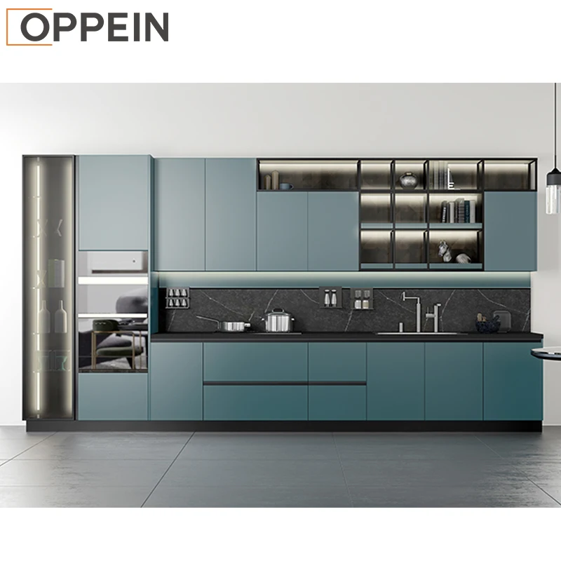 OPPEIN モダン輸入プルアウトキャビネット 青色の厨房デザイン家具