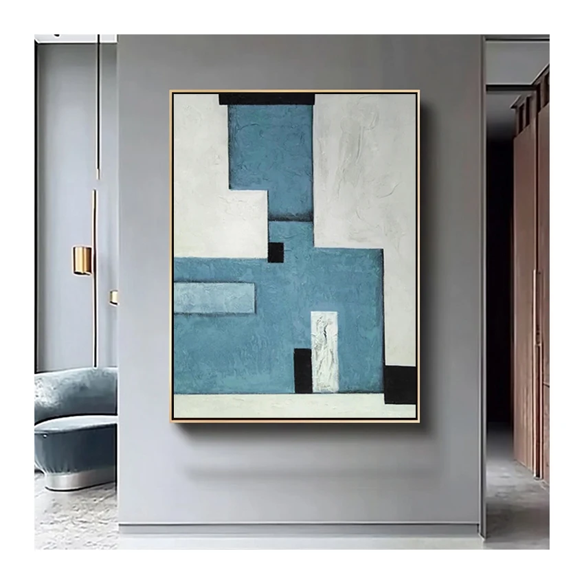 Hand Painted Acrylic Minimalist Artwork Abstract Painting Blue Grey Geometric Hotel Decorative Wall Art