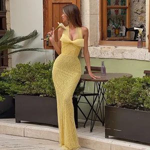 Gala Elegant Luxury Bow & Bead-detailed Yellow Halter Backless Mermaid Gown for Wedding Garden Party Maxi Dress -