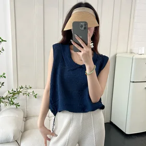 High-End Summer Slim Casual Jacket with Pleated Sleeveless T-Shirt Design Age Reduction Miyake Pleated Doll Collar Vintage Style