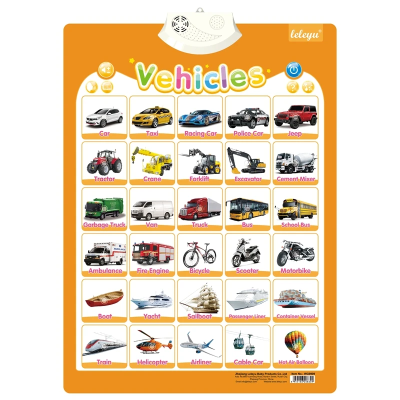 WG9909 Electronic Interactive Toy Vehicles Talking Poster Cars Chart for Kids Learning Game Music Toy