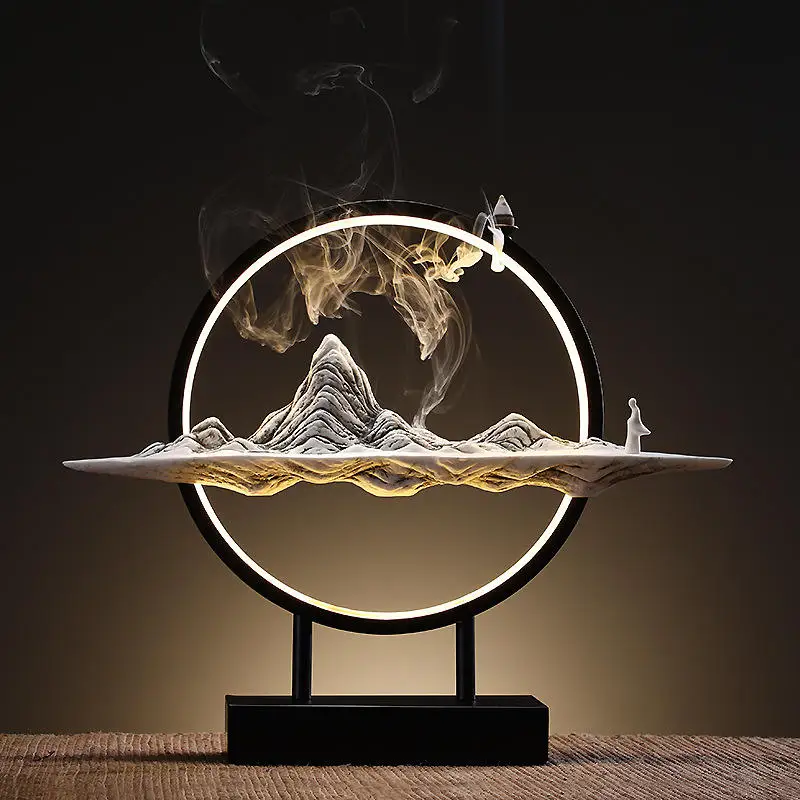 LED Ceramic Incense Backflow Censer Smoke Waterfall Holder Backflow Incense Burner for Home Office Desk Decor