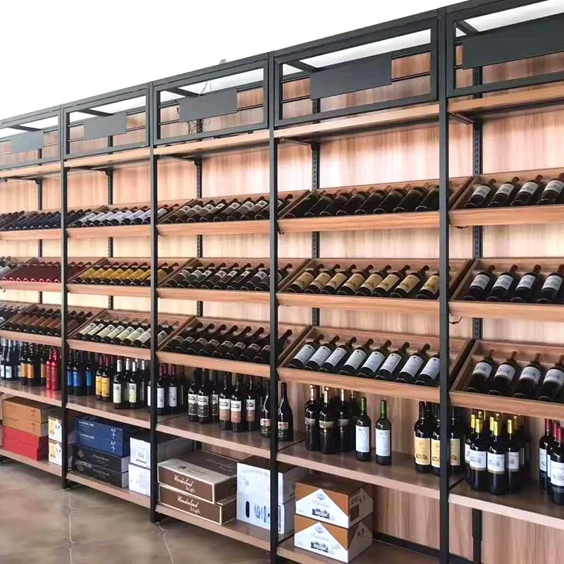 Стальные и деревянные полки на заказ используются для демонстрации вина или размещения продукта в супермаркетах, барах