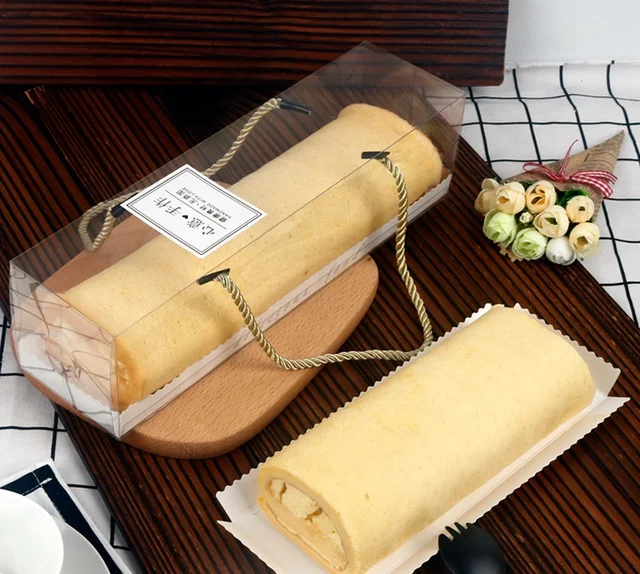 Baking packing pastry box transparent mousse Swiss cake roll box with rope handle