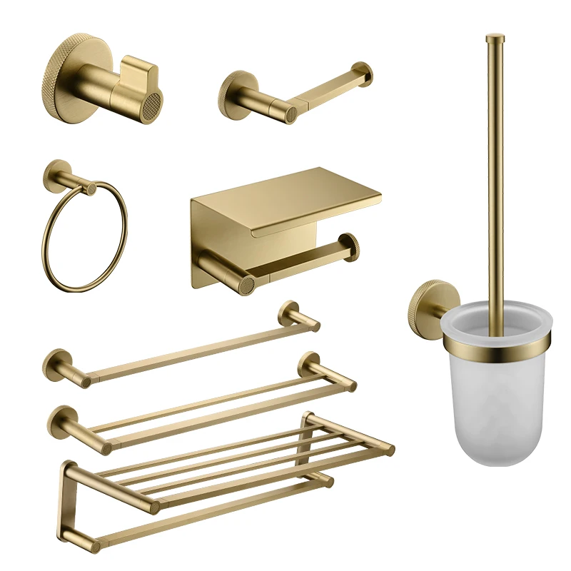 Luxury Bathroom Hardware Set Brushed Gold Brass Robe Hook Paper Holder Towel Rail Shelf Wall ...