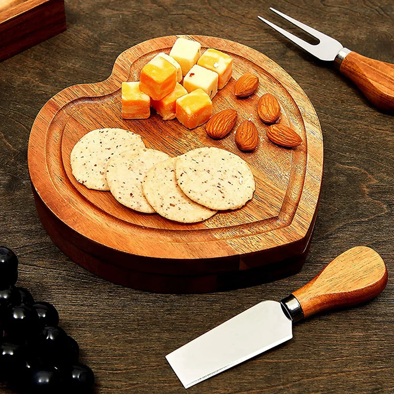 Wooden Heart Cheese Board Set Stainless Steel Knife Cheese Cutting Board Cutlery Cutting Board