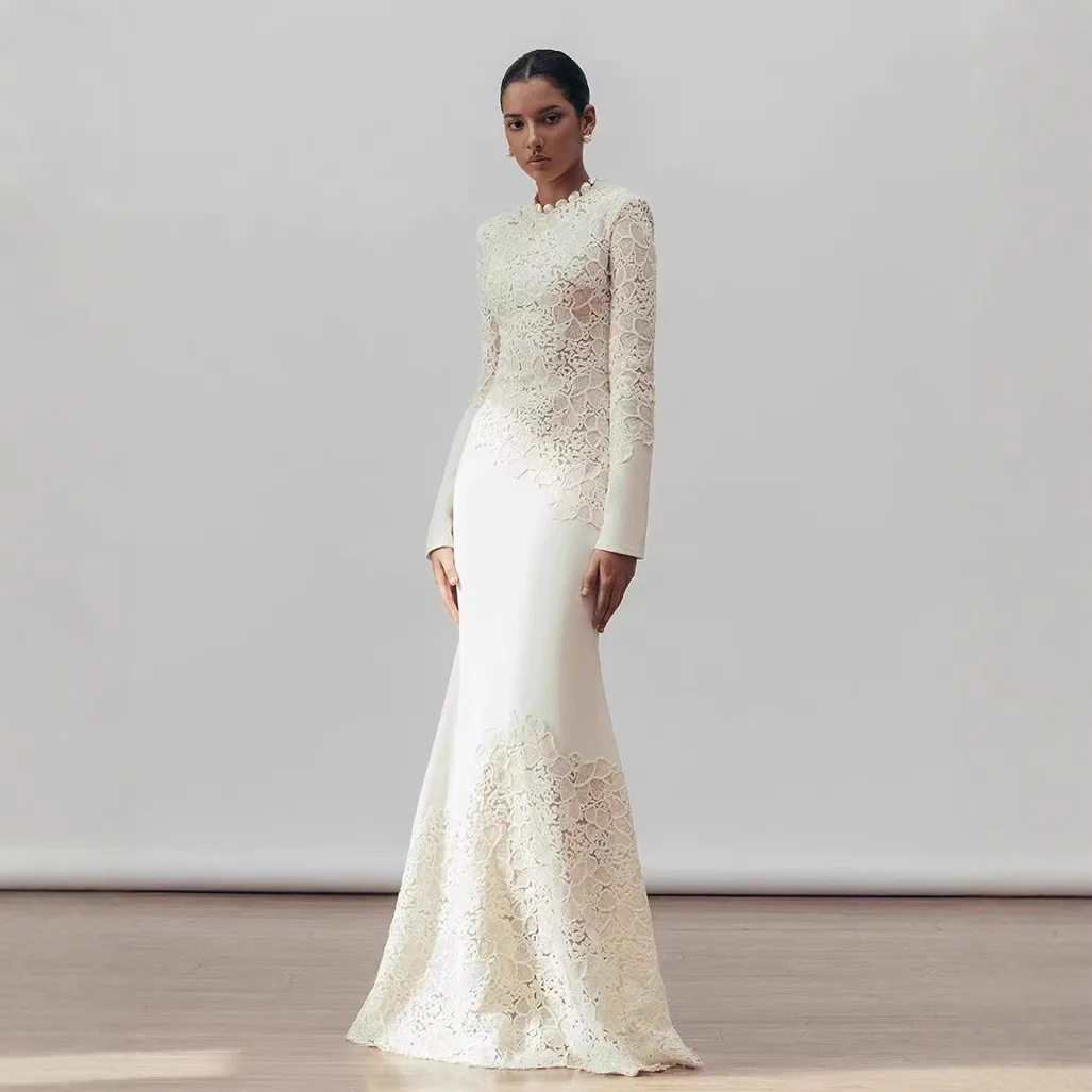 Fashion Design Luxury High Quality Vintage Tight Banquet Elegant Hook Flower Fishtail White Dress