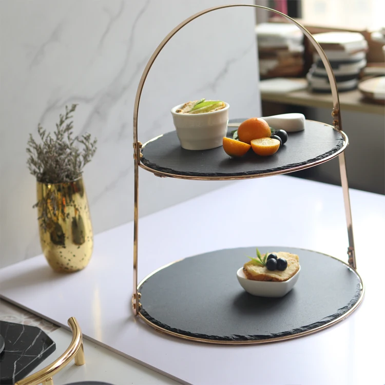 Golden Frame Dessert Display Platter Slate Cheese Board 2 Tiers Wedding Cake Stand