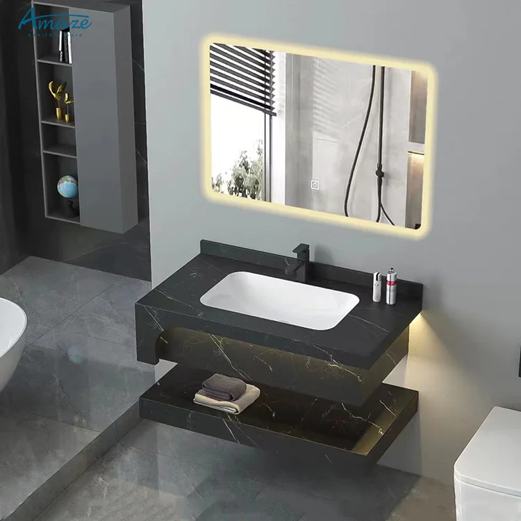 Factory supply modern wall mounted marble sintered stone wash basin smart led mirror makeup bathroom vanity sink details