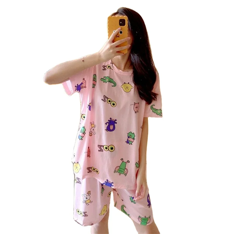 Women Summer Pajamas Lady Sleepwear Short Sleeves Sets Breathable Girl