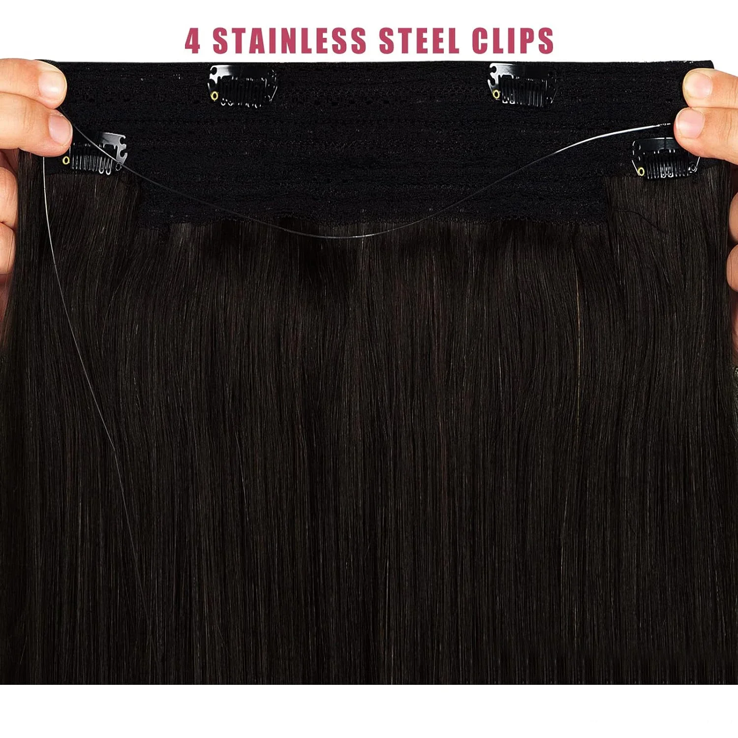 Straight Fish Line Hair Extension Clips Real Human Hair Invisible Wire Adjustable Size_voghion.com