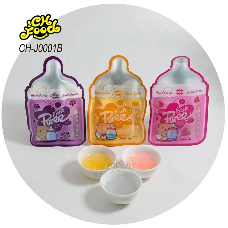 Low MOQ Wholesale Mix Fruit Flavor Puree Jelly Jam Liquid Candy Sweet Kids Sweets Snack OEM China Candy Halal Drink Candy