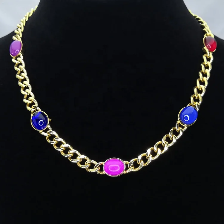 18K Gold Plated Stainless Steel Jewelry Multicolor Stones Thick Cuban Chain Accessories Necklace P213257