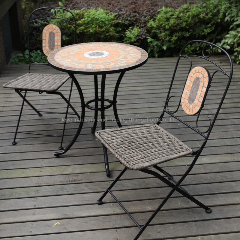 Joye Leisure Steel Rattan Chair and Mosaic Coffee Table Bistro Set Outdoor Garden Balcony 3Pcs Set