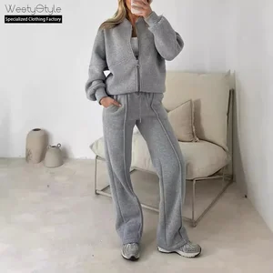 2026 New European American Cross-Border Women's Autumn Vintage Casual Suit Breathable Solid Color Long-Sleeved Sweatshirt Zipper