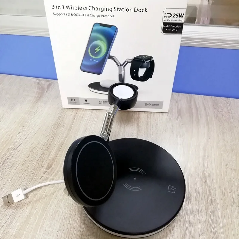 Беспроводное быстрое зарядное устройство 15 Вт 3 в 1 Qi Беспроводное зарядное устройство для iPhone, Смарт-часы, мобильные телефоны