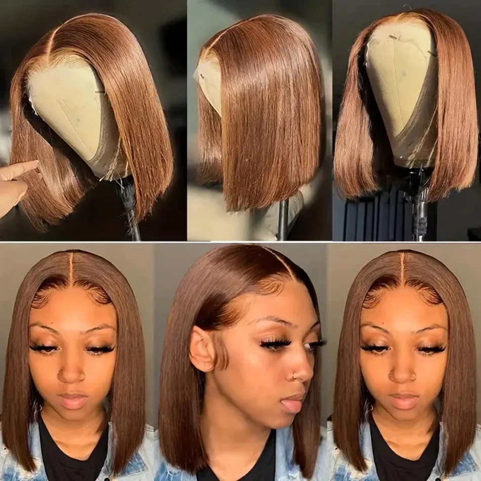 Parrucca Bob Liscia Castano Scuro Bob Brasiliana Remy Capelli Umani Parrucche Frontali in Pizzo 210% Alta Densità per Donne_voghion.com