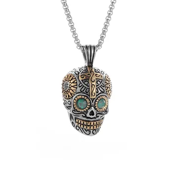 RFJEWEL Hot Retro Punk Hip Hop Stainless steel Silver Plated Blue/Green Zircon Eyes Skull Pendant Necklace