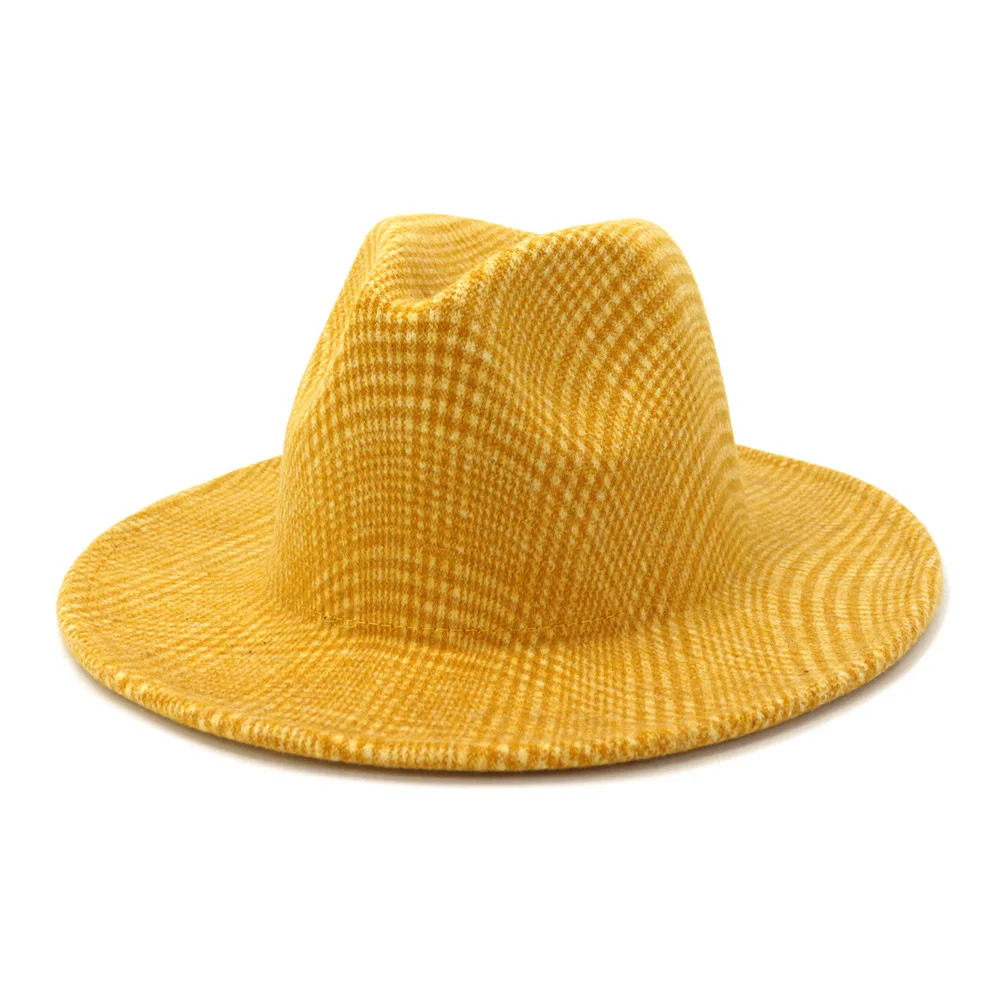 Wide Brim Plaid Flat Fedora Hat Women 
