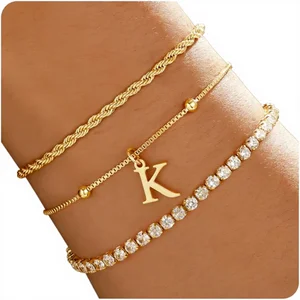JIAOGE Women Teen Girls Grandkids Dainty Gold/Silver Personalized Initial Tennis Bracelets Stackable Rope Box Chain Set Brass