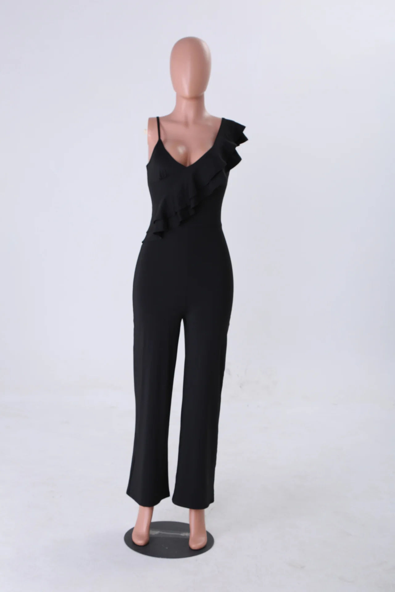 Stock Available Summer V Neck Jumpsuit High Waist Sleeveless Ruffle