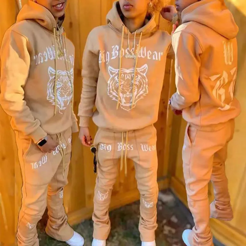 Oem Fleece Screen Print Pullover Hoodie Flared Pant Mens Tracksuit Sets