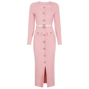 High-quality 2026 New Square-neck Sequin Belt Red Long Dress Slim Long Sleeve Knitted Elegant Party Dress