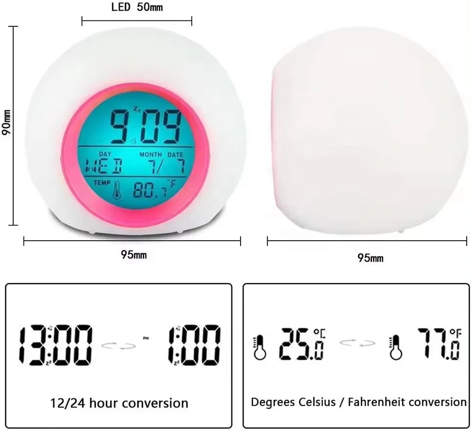7 LED Colors Changing Digital Alarm Clock Battery Operated Art Decorative White Led Alarm Clock