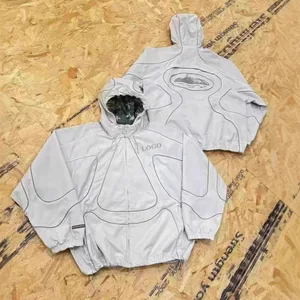 Fashion Streetwear Men's Polyester Hoodie Set Spring Autumn Waterproof Reflective Strip Design Loose Hooded Jacket & Pants Set