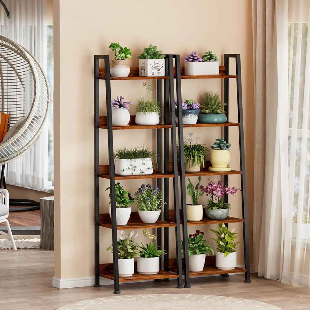 product nu deco mh26022 modern 5 tier ladder bookshelf removable drawer wooden metal freestanding storage for living room home office-7