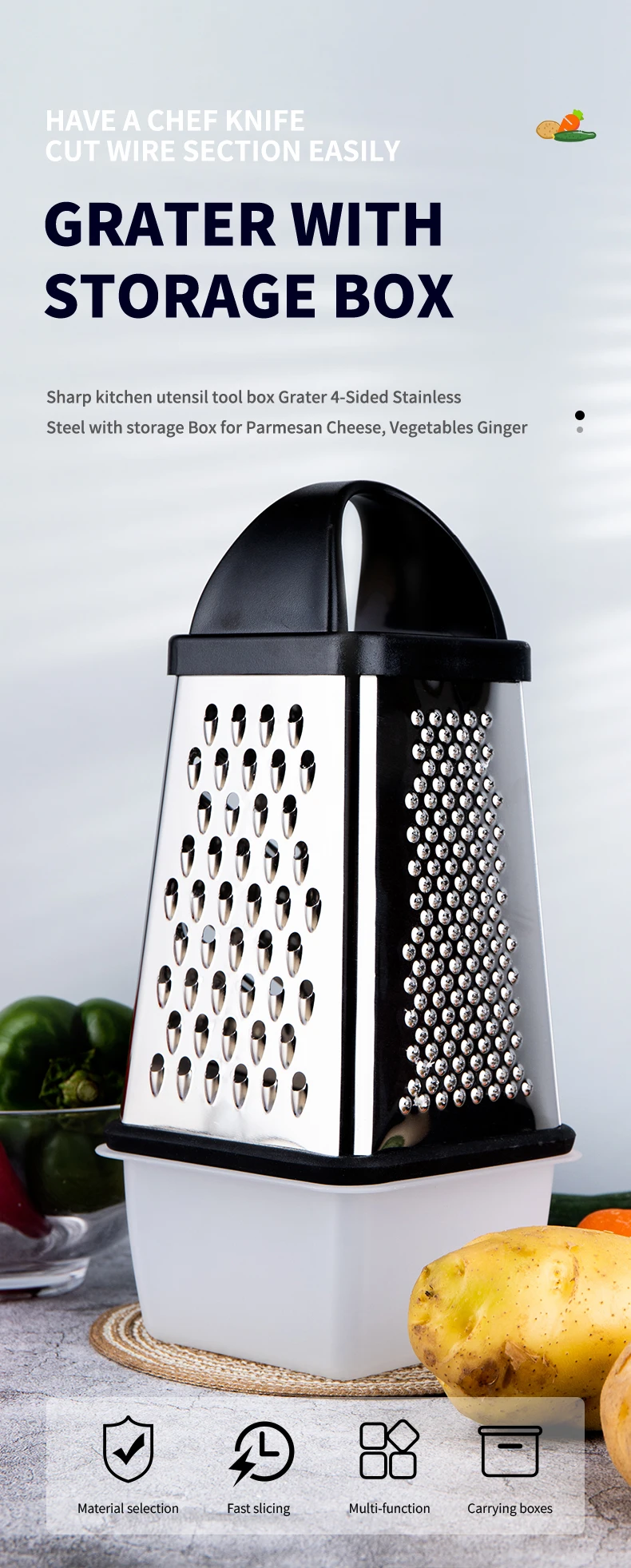 Multi-functional Stainless Steel Professional Coconut Cassava Grater Box 4 Sided Manual Kitchen Vegetable Cheese Grater